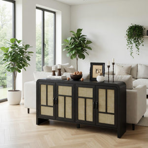 English Elm 59" Rattan Panel Buffet Sideboard with Matte Black Frame and Adjustable Interior Shelves B082P529481
