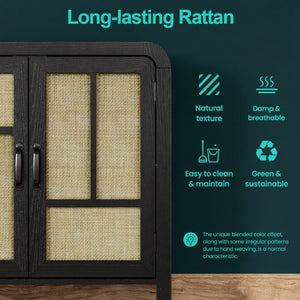 English Elm 59" Rattan Panel Buffet Sideboard with Matte Black Frame and Adjustable Interior Shelves B082P529481