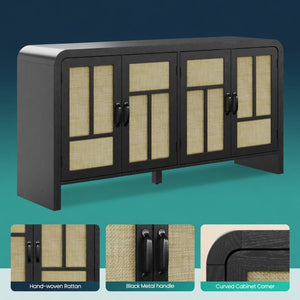 English Elm 59" Rattan Panel Buffet Sideboard with Matte Black Frame and Adjustable Interior Shelves B082P529481