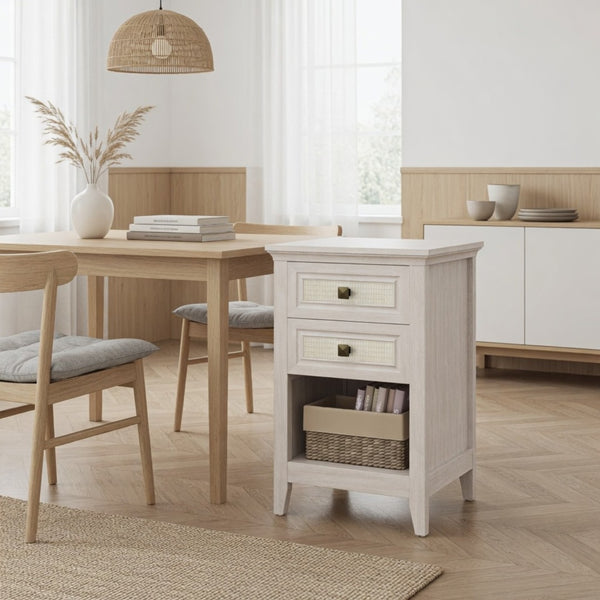English Elm 17.7 Inch Hand Woven Rattan Nightstand Two Drawers Boho Bedside Table for Small Bedrooms B082P529482