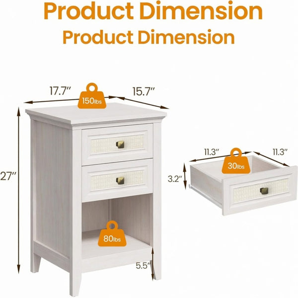 English Elm 17.7 Inch Hand Woven Rattan Nightstand Two Drawers Boho Bedside Table for Small Bedrooms B082P529482