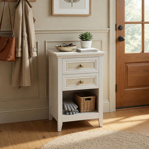 English Elm 17.7 Inch Hand Woven Rattan Nightstand Two Drawers Boho Bedside Table for Small Bedrooms B082P529482