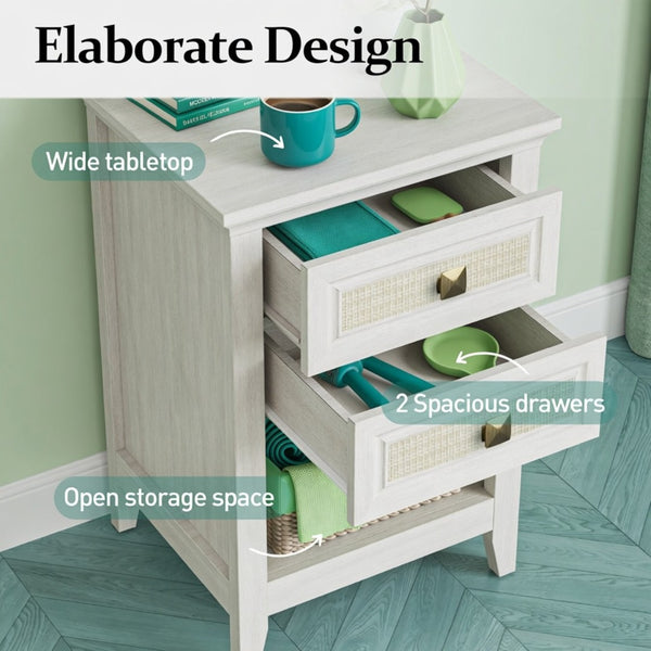 English Elm 17.7 Inch Hand Woven Rattan Nightstand Two Drawers Boho Bedside Table for Small Bedrooms B082P529482