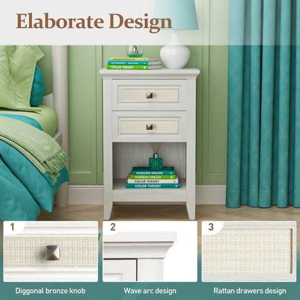 English Elm 17.7 Inch Hand Woven Rattan Nightstand Two Drawers Boho Bedside Table for Small Bedrooms B082P529482