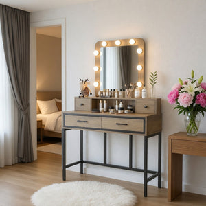 English Elm 39.37 Inch Brown Makeup Vanity with Hollywood LED Mirror Four Drawers Bedroom B082P529484