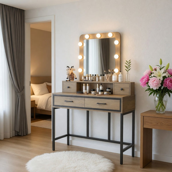 English Elm 39.37 Inch Brown Makeup Vanity with Hollywood LED Mirror Four Drawers Bedroom B082P529484