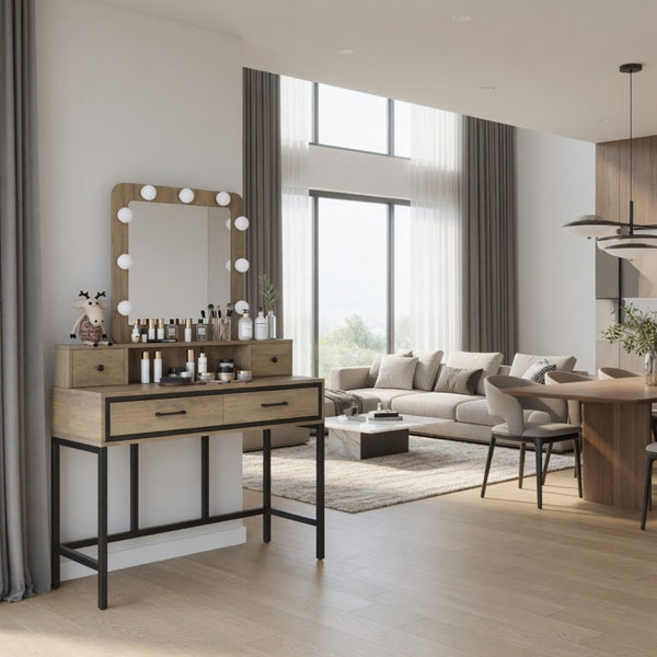 English Elm 39.37 Inch Brown Makeup Vanity with Hollywood LED Mirror Four Drawers Bedroom B082P529484