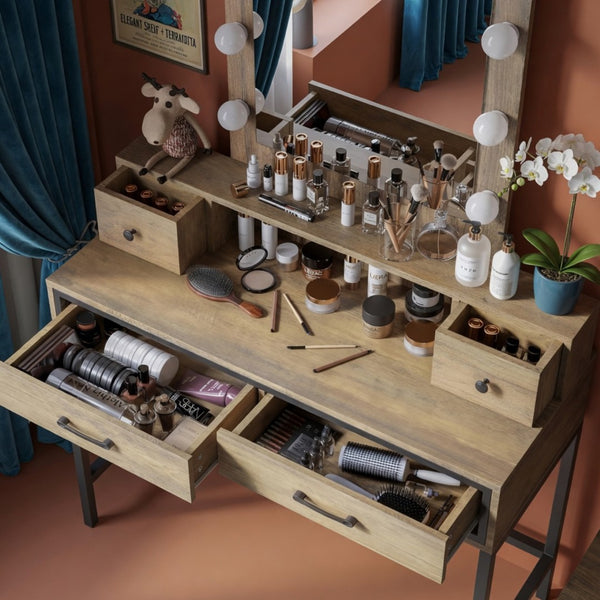 English Elm 39.37 Inch Brown Makeup Vanity with Hollywood LED Mirror Four Drawers Bedroom B082P529484