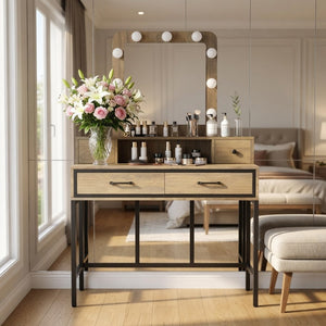 English Elm 39.37 Inch Brown Makeup Vanity with Hollywood LED Mirror Four Drawers Bedroom B082P529484
