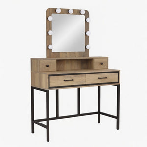 English Elm 39.37 Inch Brown Makeup Vanity with Hollywood LED Mirror Four Drawers Bedroom B082P529484