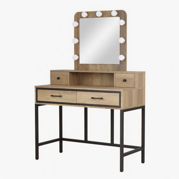 English Elm 39.37 Inch Brown Makeup Vanity with Hollywood LED Mirror Four Drawers Bedroom B082P529484