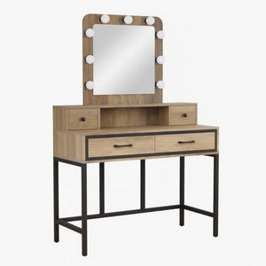 English Elm 39.37 Inch Brown Makeup Vanity with Hollywood LED Mirror Four Drawers Bedroom B082P529484