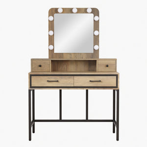 English Elm 39.37 Inch Brown Makeup Vanity with Hollywood LED Mirror Four Drawers Bedroom B082P529484