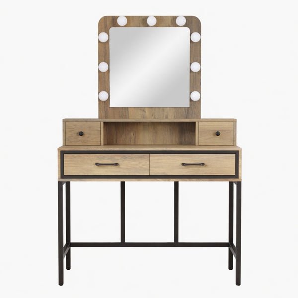 English Elm 39.37 Inch Brown Makeup Vanity with Hollywood LED Mirror Four Drawers Bedroom B082P529484