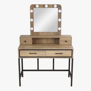 English Elm 39.37 Inch Brown Makeup Vanity with Hollywood LED Mirror Four Drawers Bedroom B082P529484