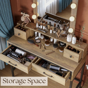 English Elm 39.37 Inch Brown Makeup Vanity with Hollywood LED Mirror Four Drawers Bedroom B082P529484