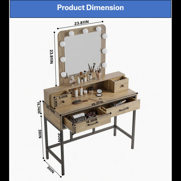 English Elm 39.37 Inch Brown Makeup Vanity with Hollywood LED Mirror Four Drawers Bedroom B082P529484