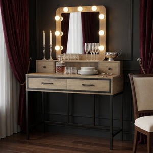 English Elm 39.37 Inch Brown Makeup Vanity with Hollywood LED Mirror Four Drawers Bedroom B082P529484