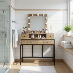 English Elm 39.37 Inch Brown Makeup Vanity with Hollywood LED Mirror Four Drawers Bedroom B082P529484