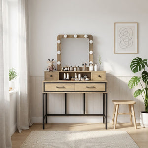 English Elm 39.37 Inch Brown Makeup Vanity with Hollywood LED Mirror Four Drawers Bedroom B082P529484