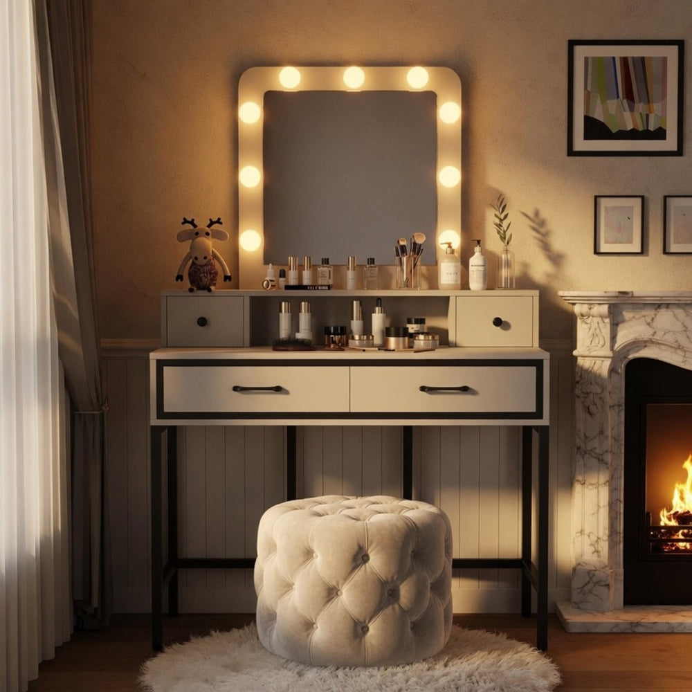 English Elm 39.37 Inch White Makeup Vanity Table with Hollywood LED Mirror and Four Storage Drawers B082P529485