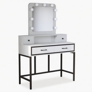 English Elm 39.37 Inch White Makeup Vanity Table with Hollywood LED Mirror and Four Storage Drawers B082P529485