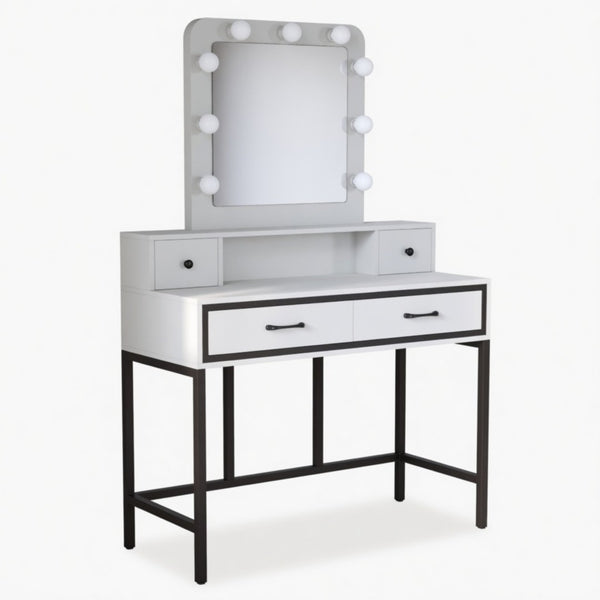 English Elm 39.37 Inch White Makeup Vanity Table with Hollywood LED Mirror and Four Storage Drawers B082P529485