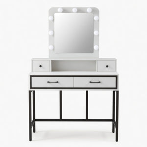 English Elm 39.37 Inch White Makeup Vanity Table with Hollywood LED Mirror and Four Storage Drawers B082P529485