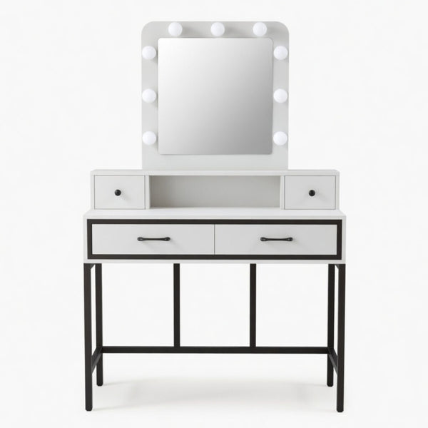 English Elm 39.37 Inch White Makeup Vanity Table with Hollywood LED Mirror and Four Storage Drawers B082P529485