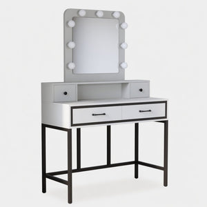 English Elm 39.37 Inch White Makeup Vanity Table with Hollywood LED Mirror and Four Storage Drawers B082P529485