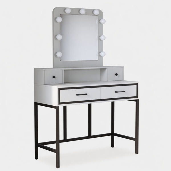 English Elm 39.37 Inch White Makeup Vanity Table with Hollywood LED Mirror and Four Storage Drawers B082P529485