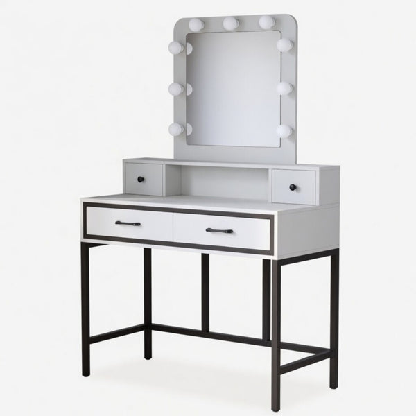 English Elm 39.37 Inch White Makeup Vanity Table with Hollywood LED Mirror and Four Storage Drawers B082P529485