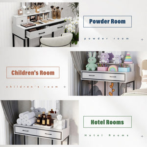 English Elm 39.37 Inch White Makeup Vanity Table with Hollywood LED Mirror and Four Storage Drawers B082P529485