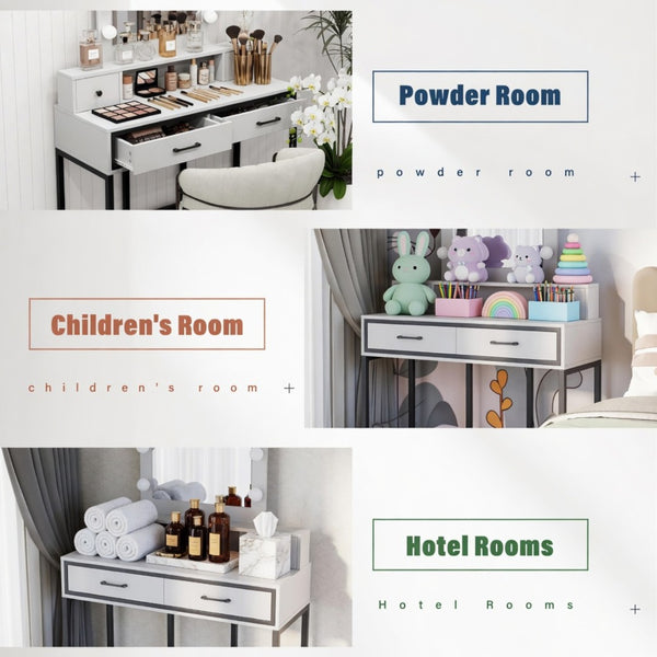 English Elm 39.37 Inch White Makeup Vanity Table with Hollywood LED Mirror and Four Storage Drawers B082P529485