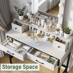 English Elm 39.37 Inch White Makeup Vanity Table with Hollywood LED Mirror and Four Storage Drawers B082P529485