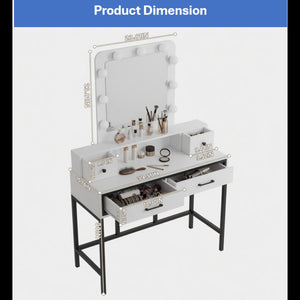 English Elm 39.37 Inch White Makeup Vanity Table with Hollywood LED Mirror and Four Storage Drawers B082P529485