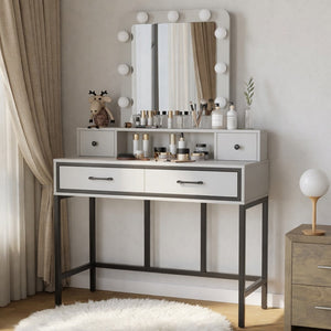 English Elm 39.37 Inch White Makeup Vanity Table with Hollywood LED Mirror and Four Storage Drawers B082P529485
