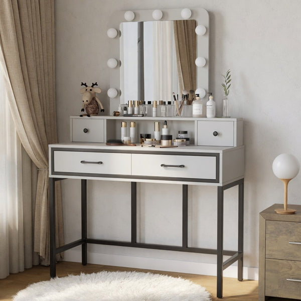 English Elm 39.37 Inch White Makeup Vanity Table with Hollywood LED Mirror and Four Storage Drawers B082P529485