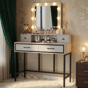 English Elm 39.37 Inch White Makeup Vanity Table with Hollywood LED Mirror and Four Storage Drawers B082P529485
