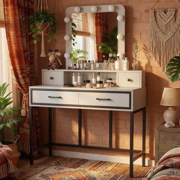 English Elm 39.37 Inch White Makeup Vanity Table with Hollywood LED Mirror and Four Storage Drawers B082P529485