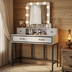 English Elm 39.37 Inch White Makeup Vanity Table with Hollywood LED Mirror and Four Storage Drawers B082P529485