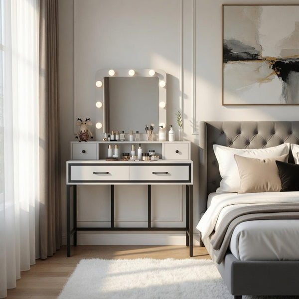 English Elm 39.37 Inch White Makeup Vanity Table with Hollywood LED Mirror and Four Storage Drawers B082P529485
