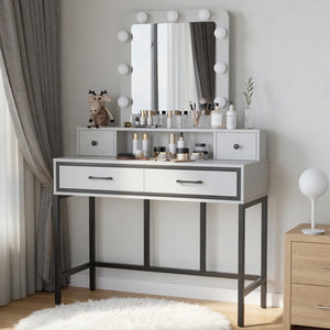 English Elm 39.37 Inch White Makeup Vanity Table with Hollywood LED Mirror and Four Storage Drawers B082P529485