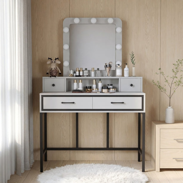 English Elm 39.37 Inch White Makeup Vanity Table with Hollywood LED Mirror and Four Storage Drawers B082P529485