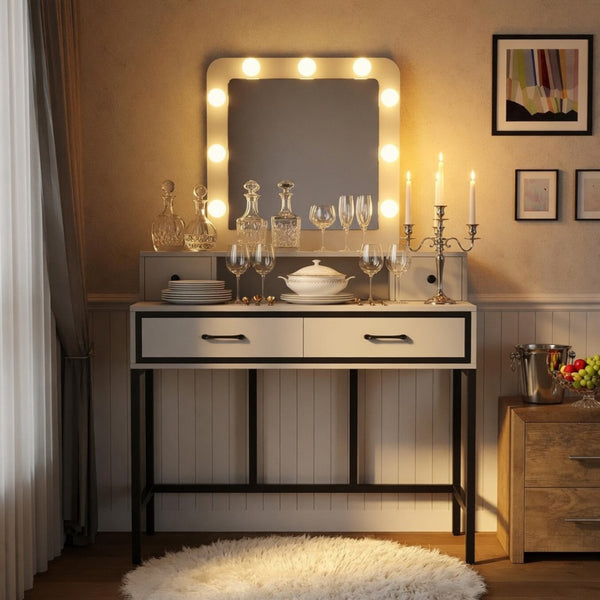 English Elm 39.37 Inch White Makeup Vanity Table with Hollywood LED Mirror and Four Storage Drawers B082P529485
