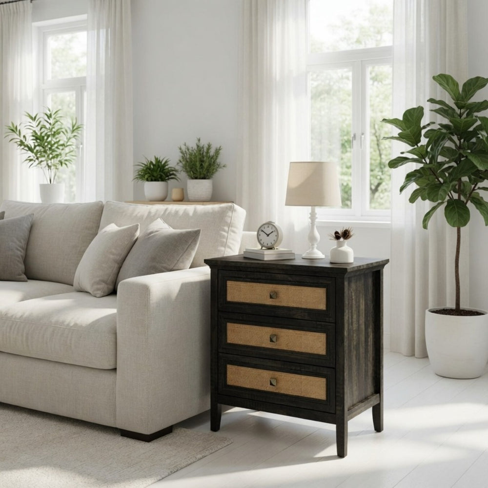 English Elm 29.5" Wide Boho Rattan Nightstand Three Drawer Tall Chest with Bronze Knobs B082P529486