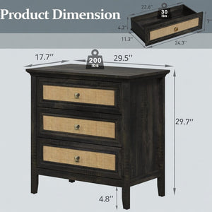 English Elm 29.5" Wide Boho Rattan Nightstand Three Drawer Tall Chest with Bronze Knobs B082P529486