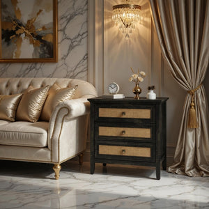 English Elm 29.5" Wide Boho Rattan Nightstand Three Drawer Tall Chest with Bronze Knobs B082P529486