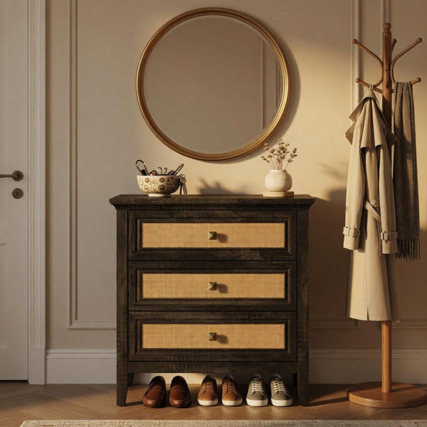 English Elm 29.5" Wide Boho Rattan Nightstand Three Drawer Tall Chest with Bronze Knobs B082P529486