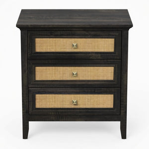 English Elm 29.5" Wide Boho Rattan Nightstand Three Drawer Tall Chest with Bronze Knobs B082P529486